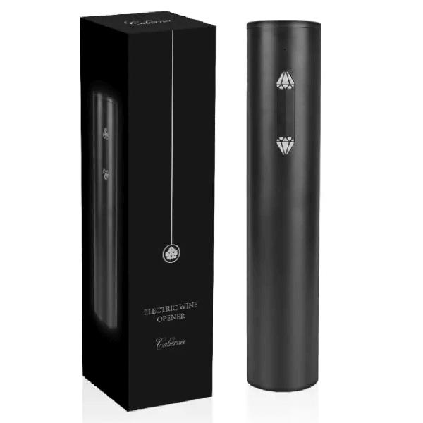 פותחן יין חשמלי שחור נטען במארז מתנה יוקרתי.